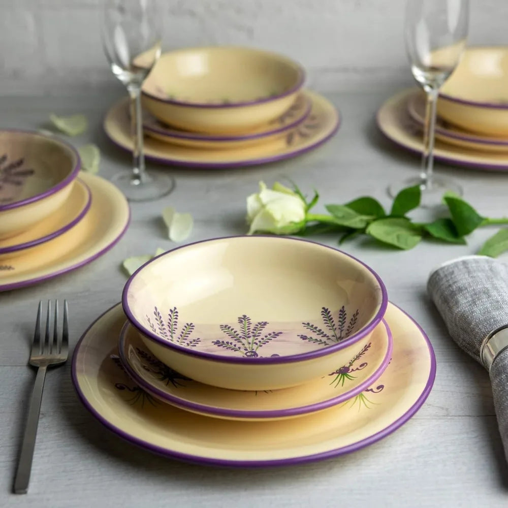 Purple And Cream Handmade Lavender Floral 12 Piece Ceramic Dinnerware Set For 4