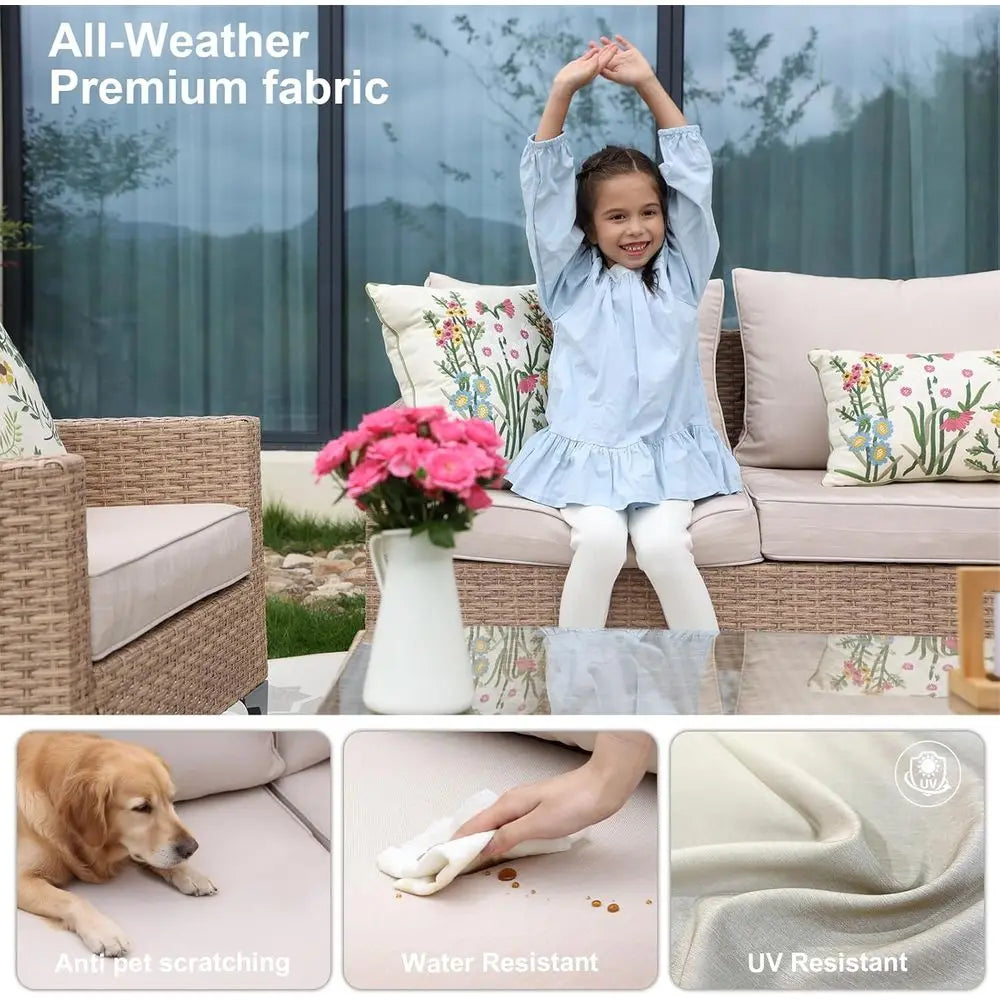 All Weather Wicker Patio Sectional Set With Tempered Glass Table Cushions Beige