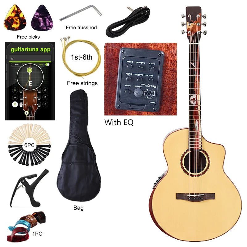 40 Inch 6 String Electric Acoustic Guitar Natural Brown Solid Spruce Top