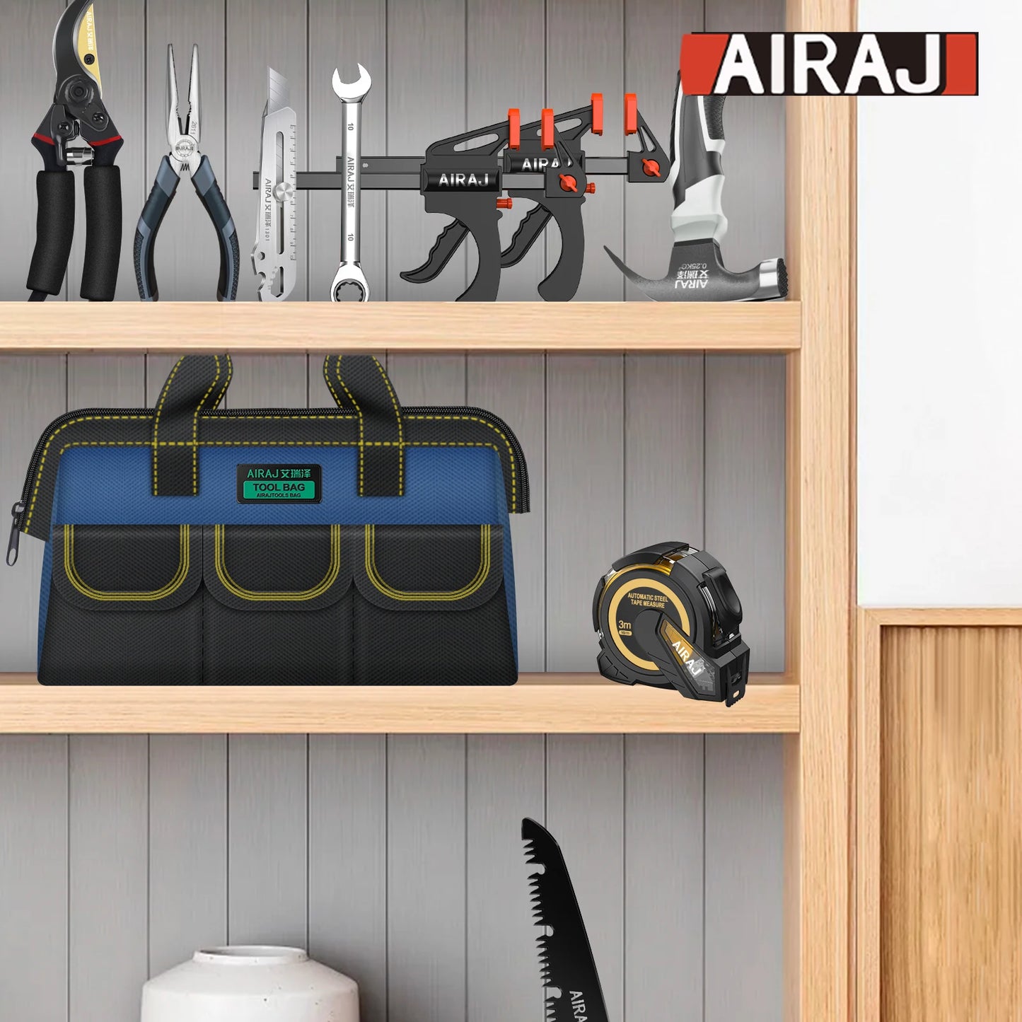 AIRAJ 10Pcs Household Tool Set. With 13 inch Tool Bag-Wide Mouth and Multiple Pockets Design.Garden,Home,Office Small Tool