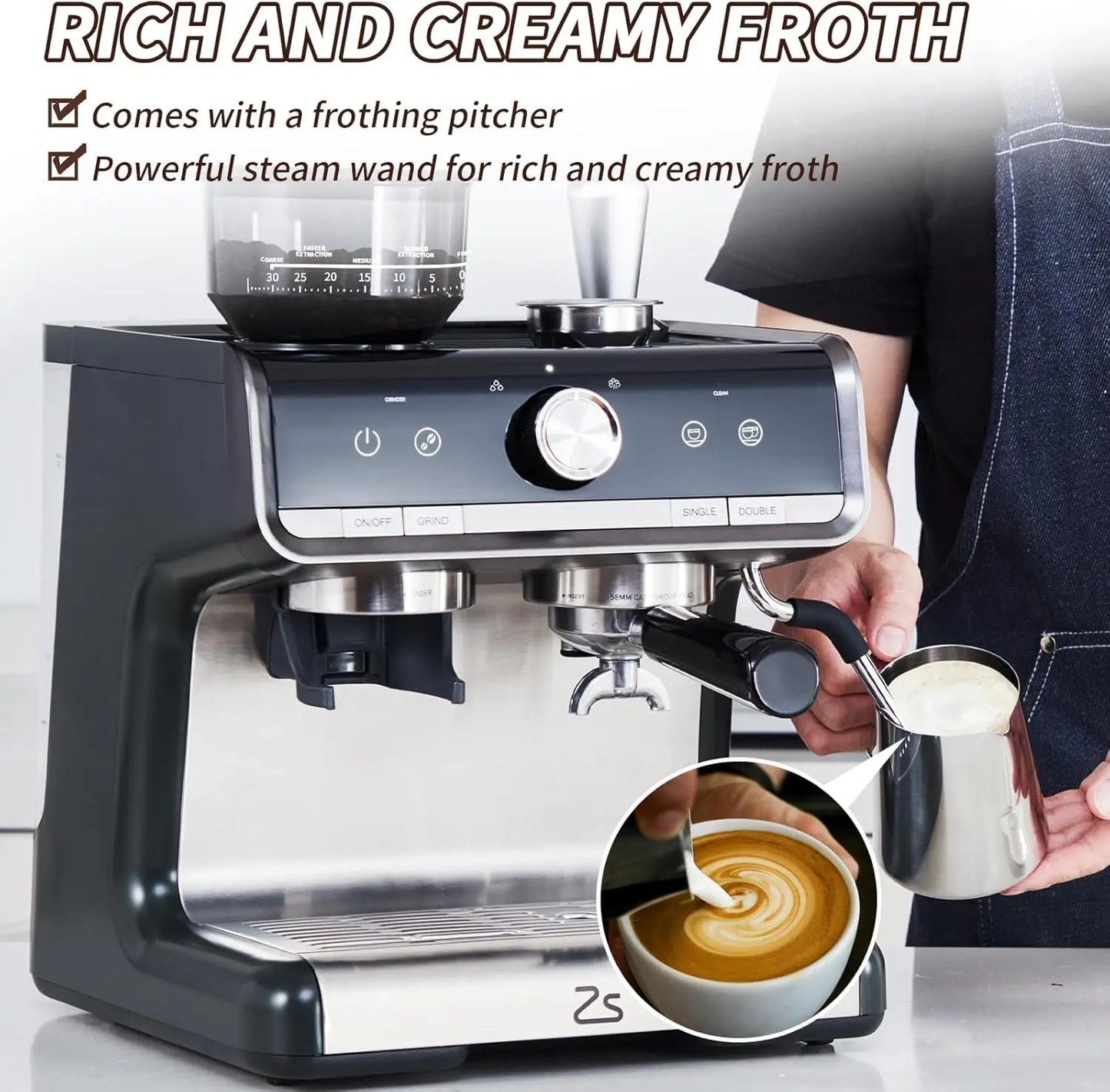 Espresso Machine With Grinder And Milk Frother Steam Wand 20 Bar 1450W