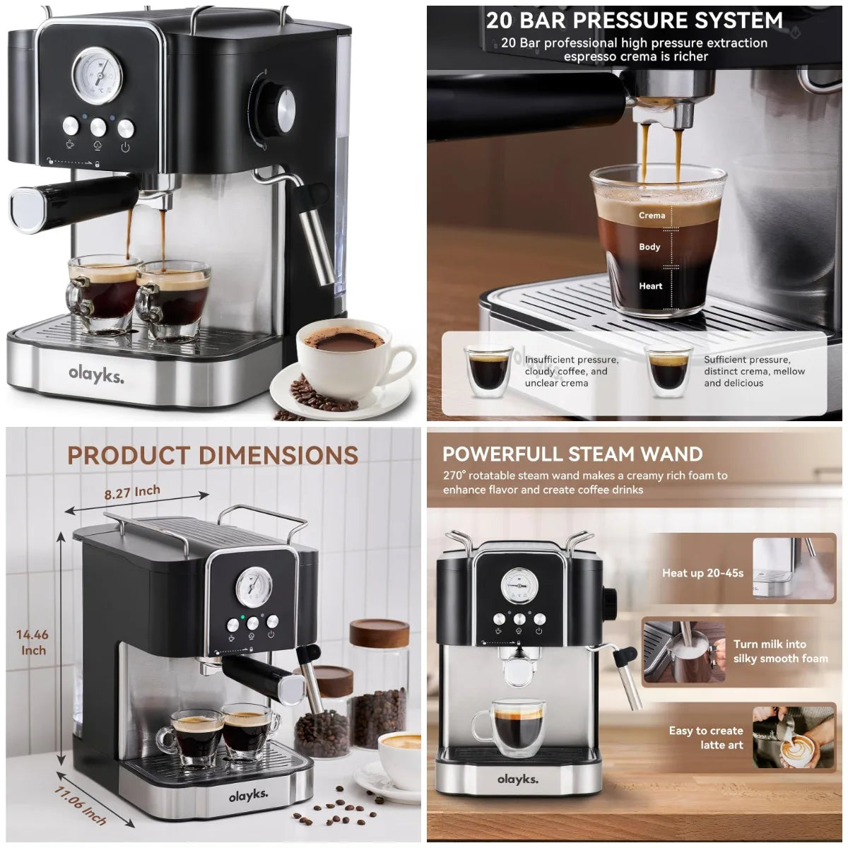 20 Bar Espresso Machine Professional Coffee Maker With Milk Frother Steam Wand