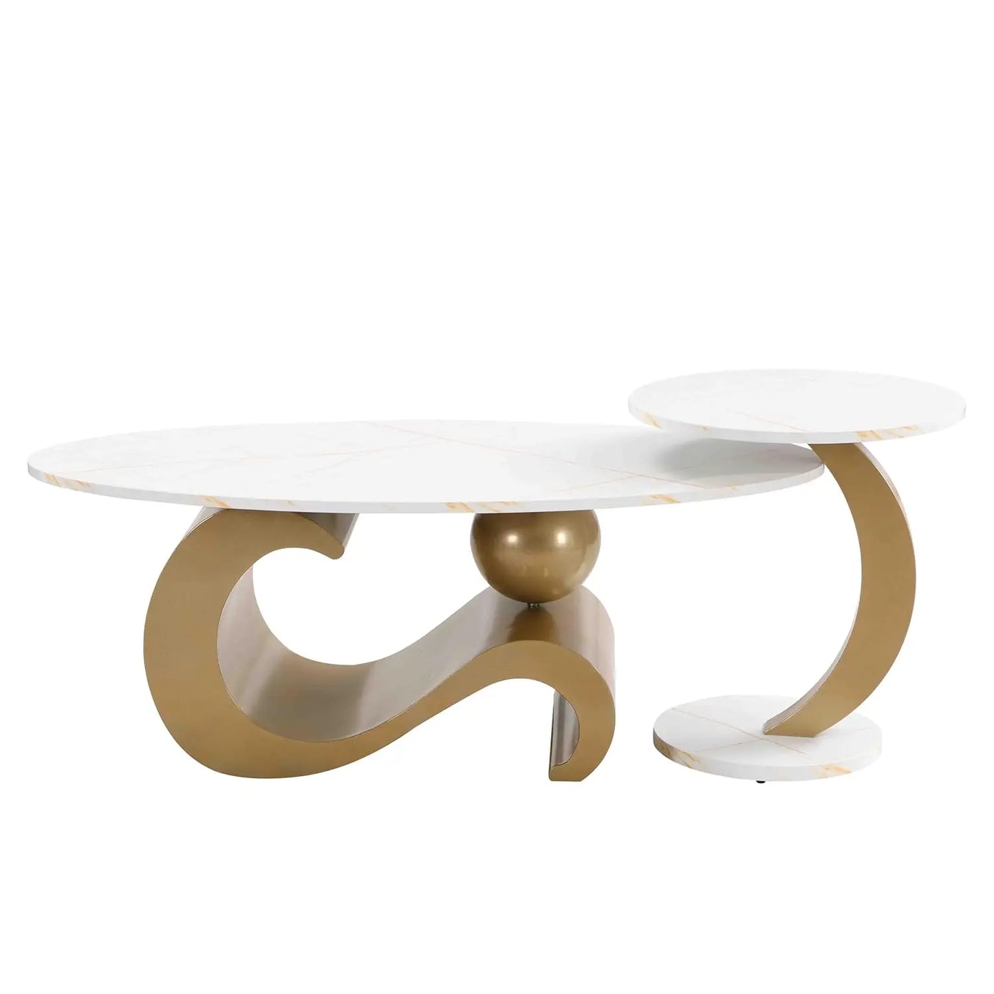 Modern Oval Coffee Table With Stainless Steel Pedestal And Faux Marble Top