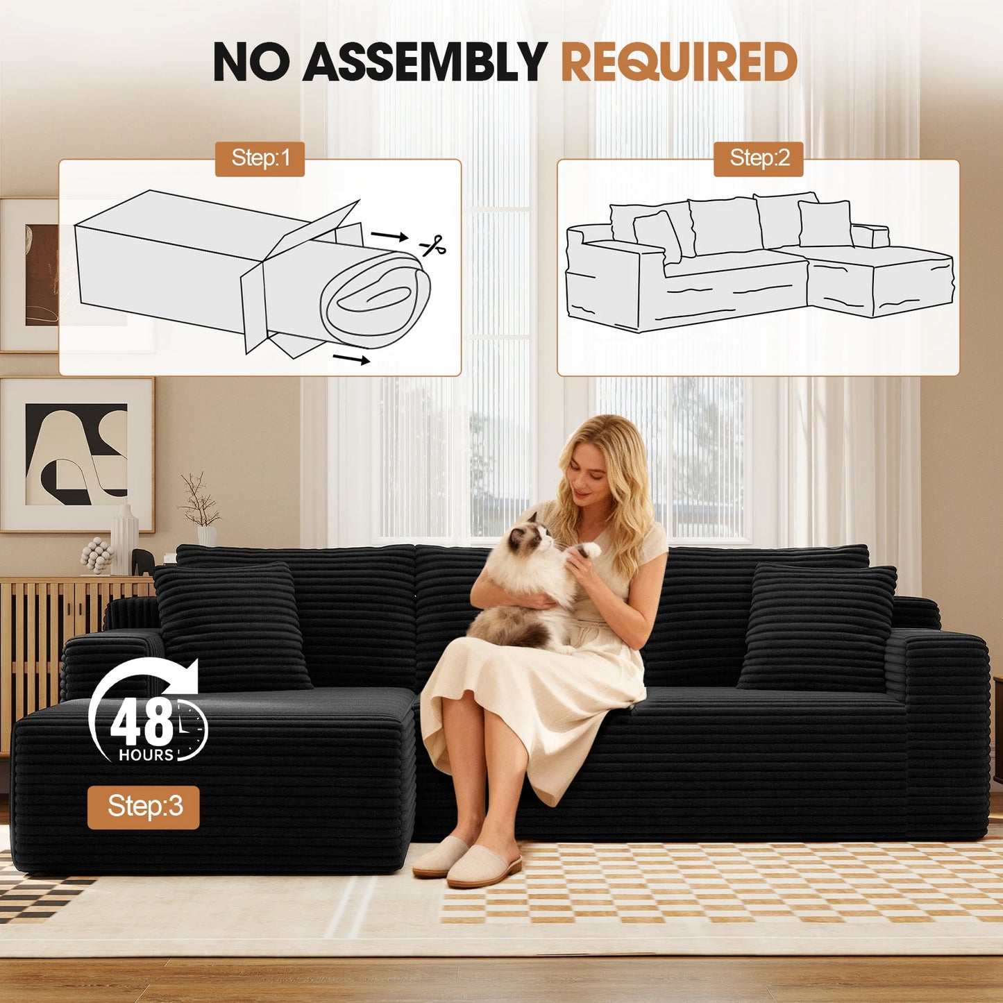 Modern Black Corduroy Modular Sectional Sofa With Deep L Shaped Chaise