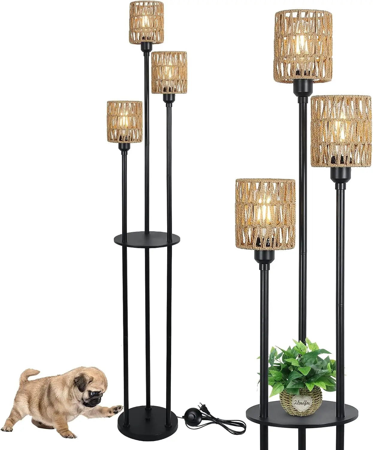Boho Rattan 3-Light Floor Lamp with Shelves and Foot Switch for Living Room Bedroom Office