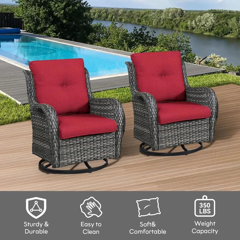 Red Swivel Wicker Patio Chairs Set of 2 with Cushions for Outdoor Deck, Balcony, Backyard
