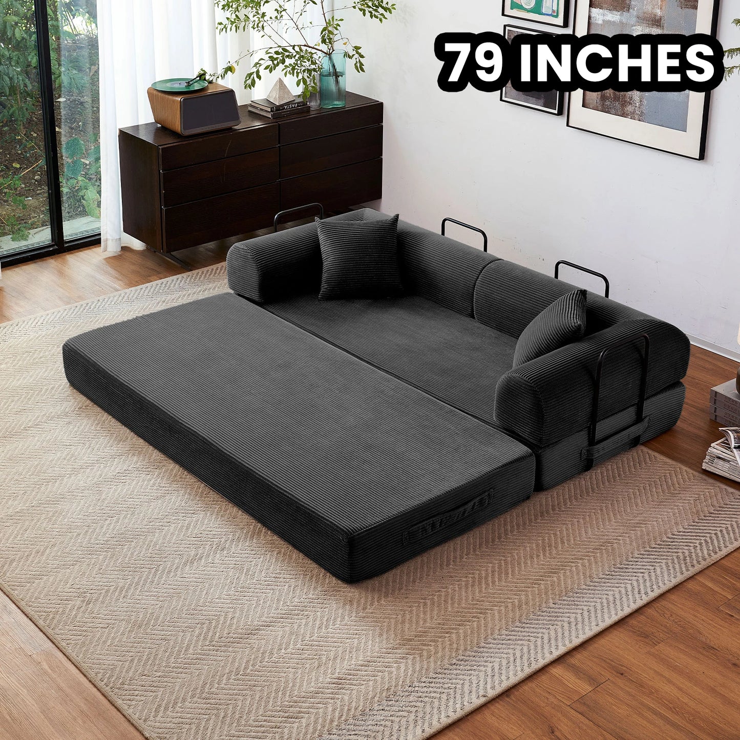79 Inch Foldable Convertible Futon Sofa Bed With L Shaped Armrests