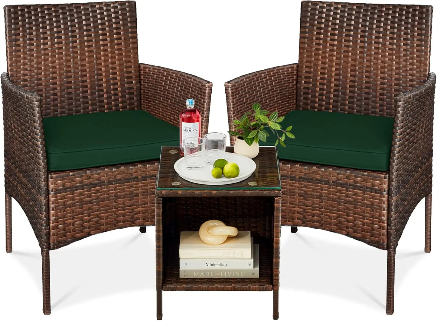 3-Piece Outdoor Wicker Conversation Bistro Set, Space Saving Patio Furniture for Garden w/Side Table