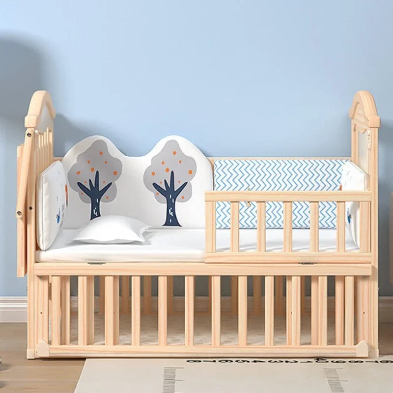 Movable Solid Wood Baby Crib With Mosquito Net And Universal Wheels Rocking Bed