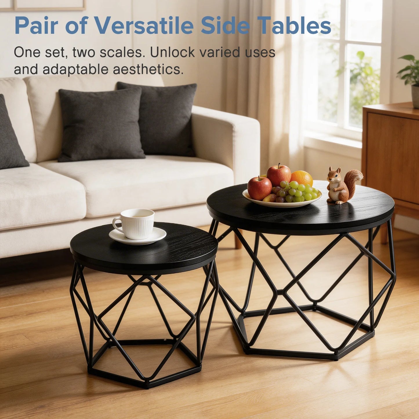 20 Inch Round Geometric Metal Coffee Table Set Of 2 Nesting Side Tables