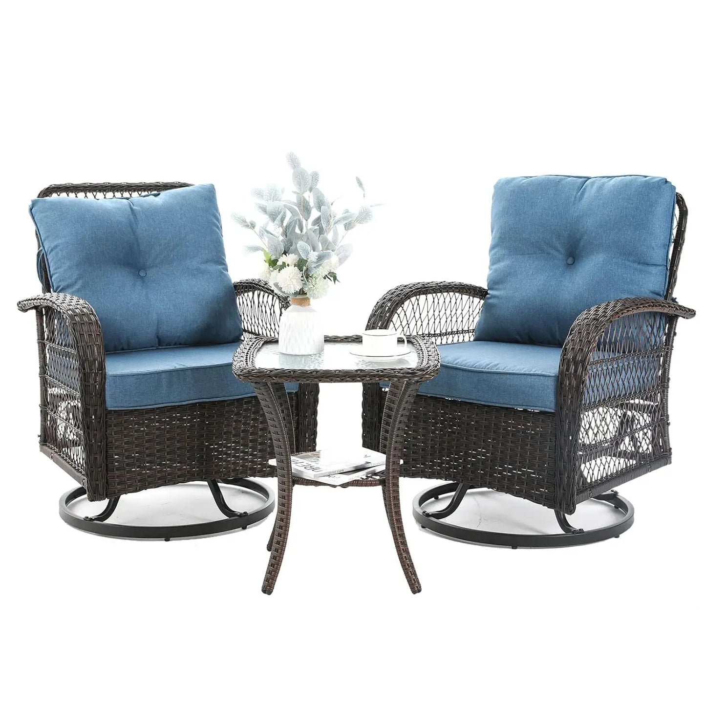 3 Piece Outdoor Patio Furniture Set Wicker Bistro Swivel Glider Rocker