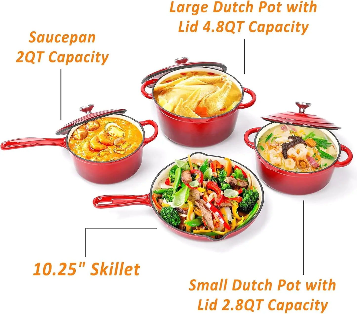 Enameled Cast Iron Cookware Set - 7 Piece Dutch Ovens Set, Sauce Pan, Skillet, 3 Lids, Pots and Pans Set, Ceramic Coated Cast I