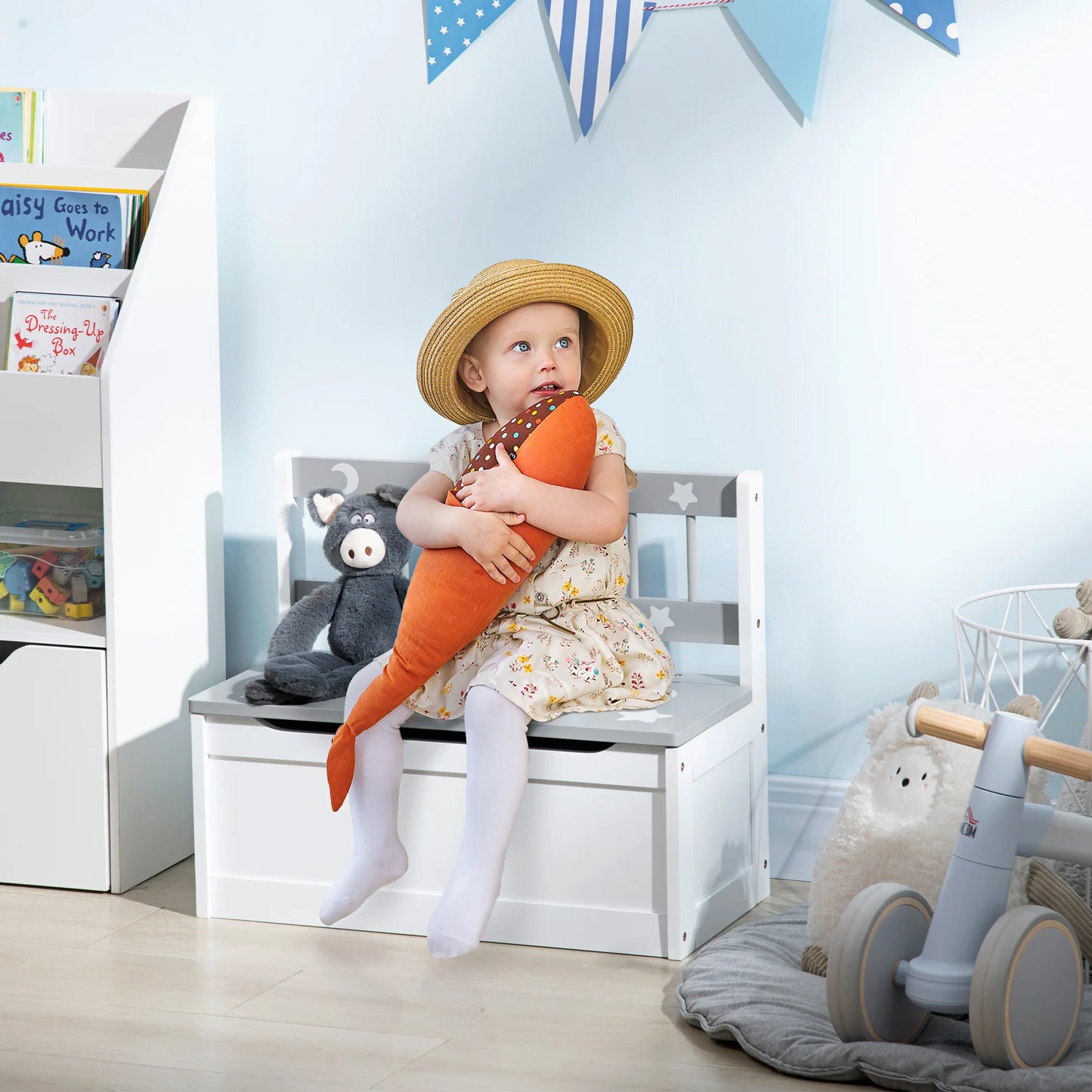 Toy Chest Storage Bench Cabinet Pneumatic Rod Grey Kids
