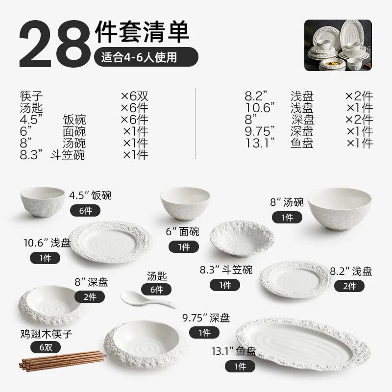 White Ceramic Tableware Set With Bowls And Chopsticks Luxury Porcelain