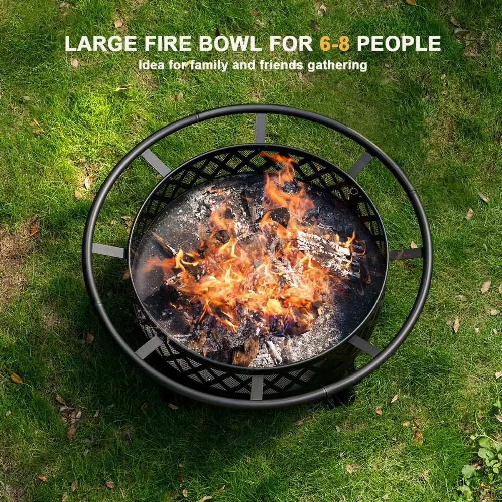 38 Inch Wood Burning Fire Pit Round Outdoor Table Grill Lid
