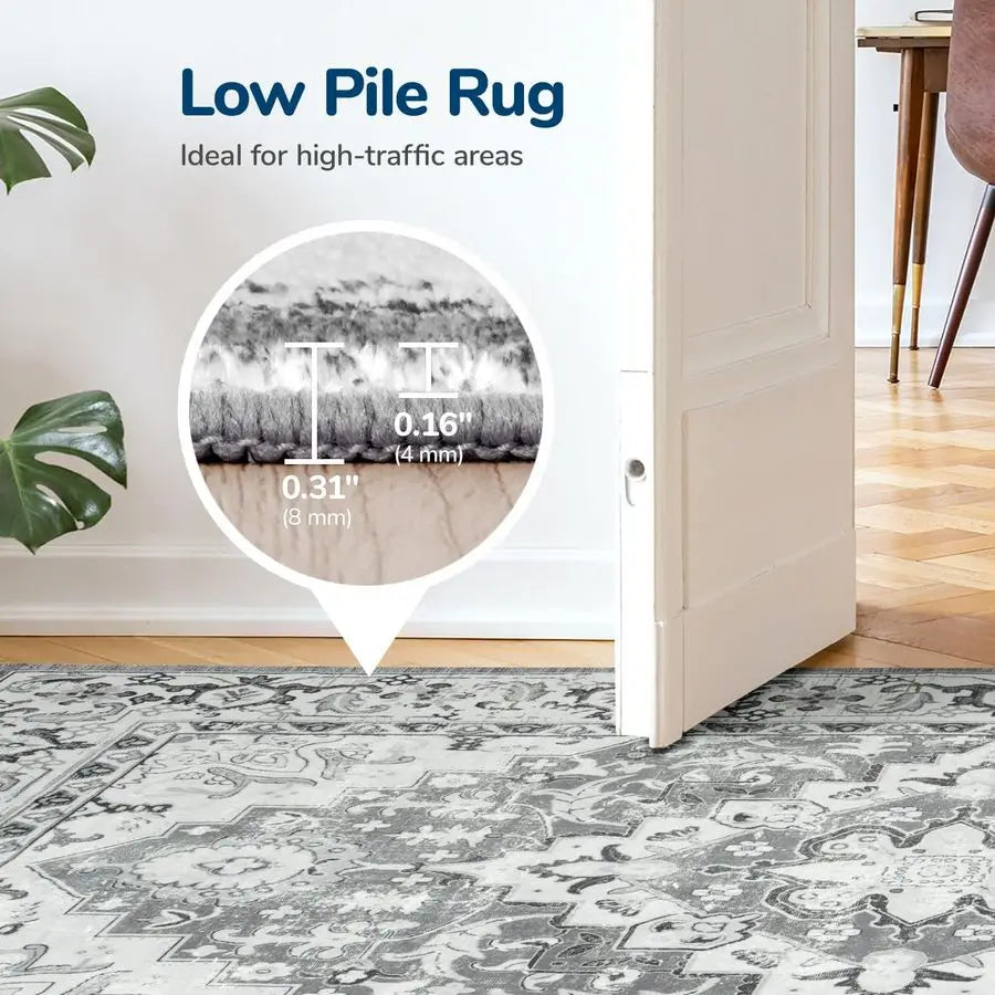 8x10 Area Rug Boho Floral Medallion Vintage Faux Wool Low Pile Machine Washable