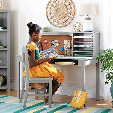Kids Media Desk and Chair Set - Navy: Student's Workstation with Storage, Wooden Writing Table with Hutch and Shelves for Kids