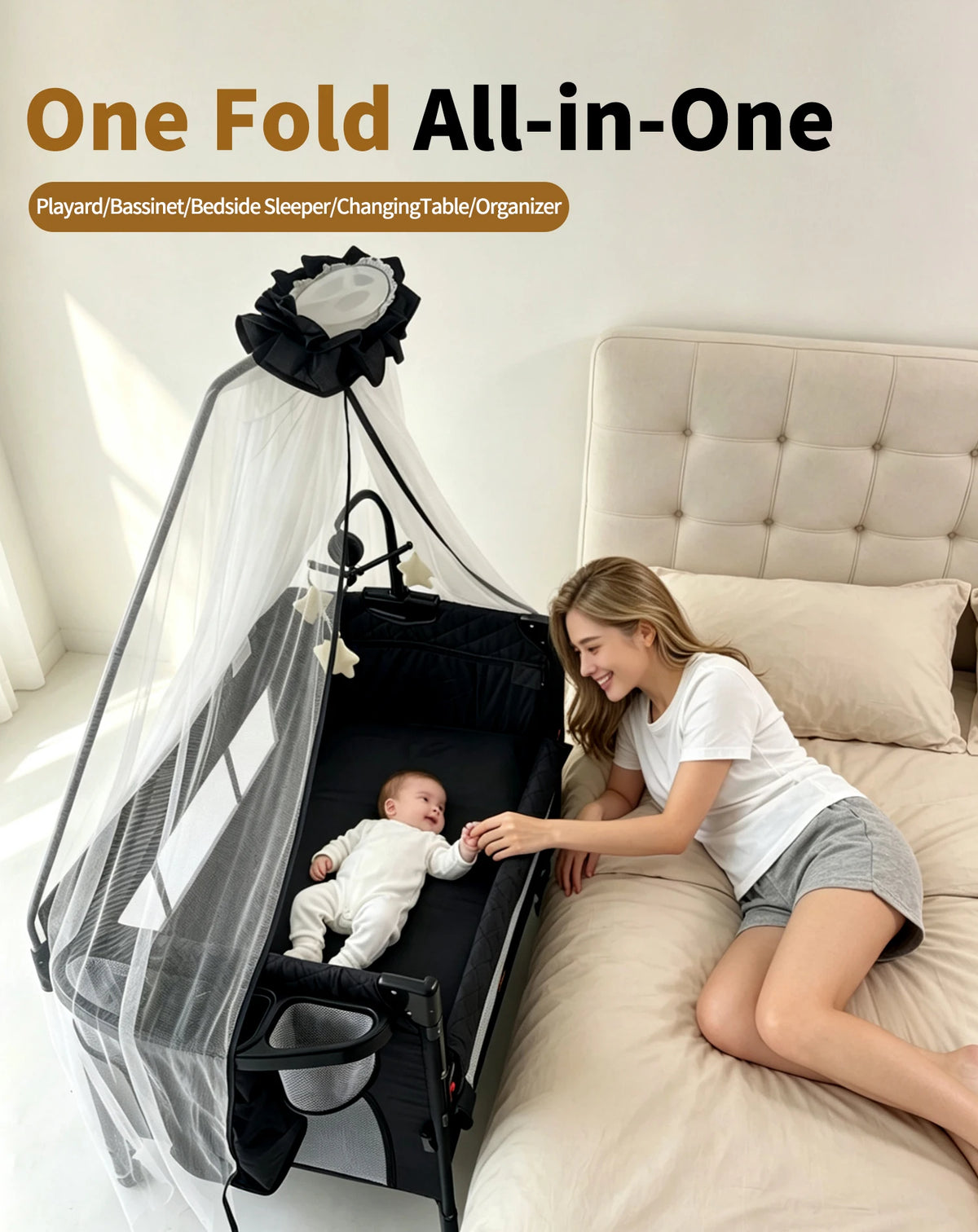 Steanny Pack n Play, All-in-one Playard with Bassinet,Pack and Play,Bedside Sleeper Fodble Travel Cribs with 4Wheels, Changeing Table,Mosquito Net,Toys Bars with Music, Unisex Playpen Combo Bassinet