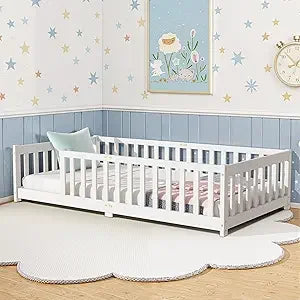 Full Size Floor Bed, Toddler Floor Bed Frame with High Guardrails, Solid Wood Montessori Beds Full with Support Slats, Fence and
