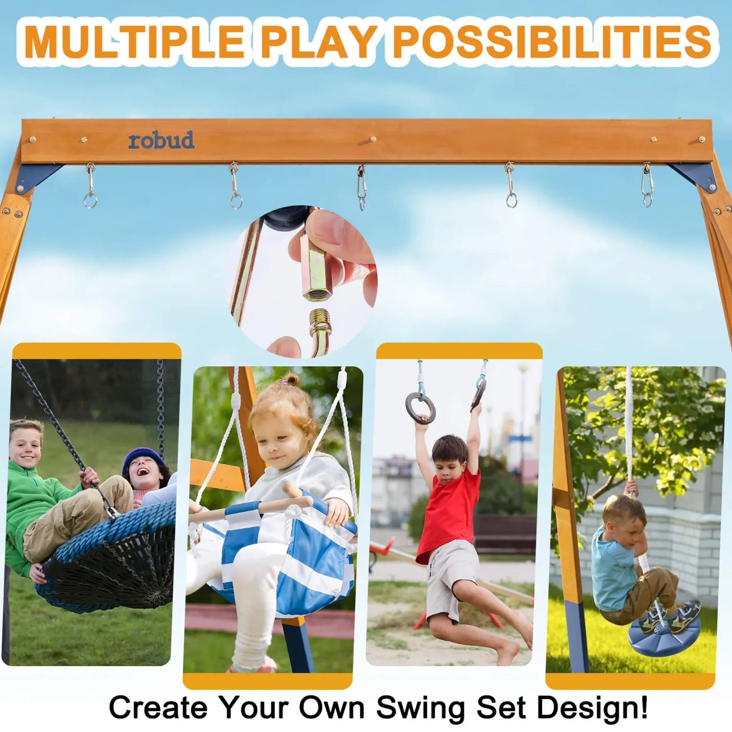 Robotime Robud 3-in-1 Playground Wooden Swing Sets for Backyard DIY Swing Sets with Tree Swing and 2 Toddler Swings for Ages 3+