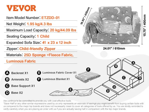 SucceBuy Play Couch Kids Sofa Toddler Foam Sofa Couch w/ High-density 25D Sponge for Playing Creativing Sleeping Kids Furniture