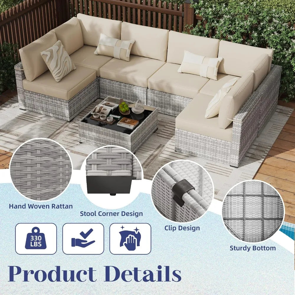 7 Pack All Weather PE Rattan Modular Sectional Conversation Patio Set, Custom