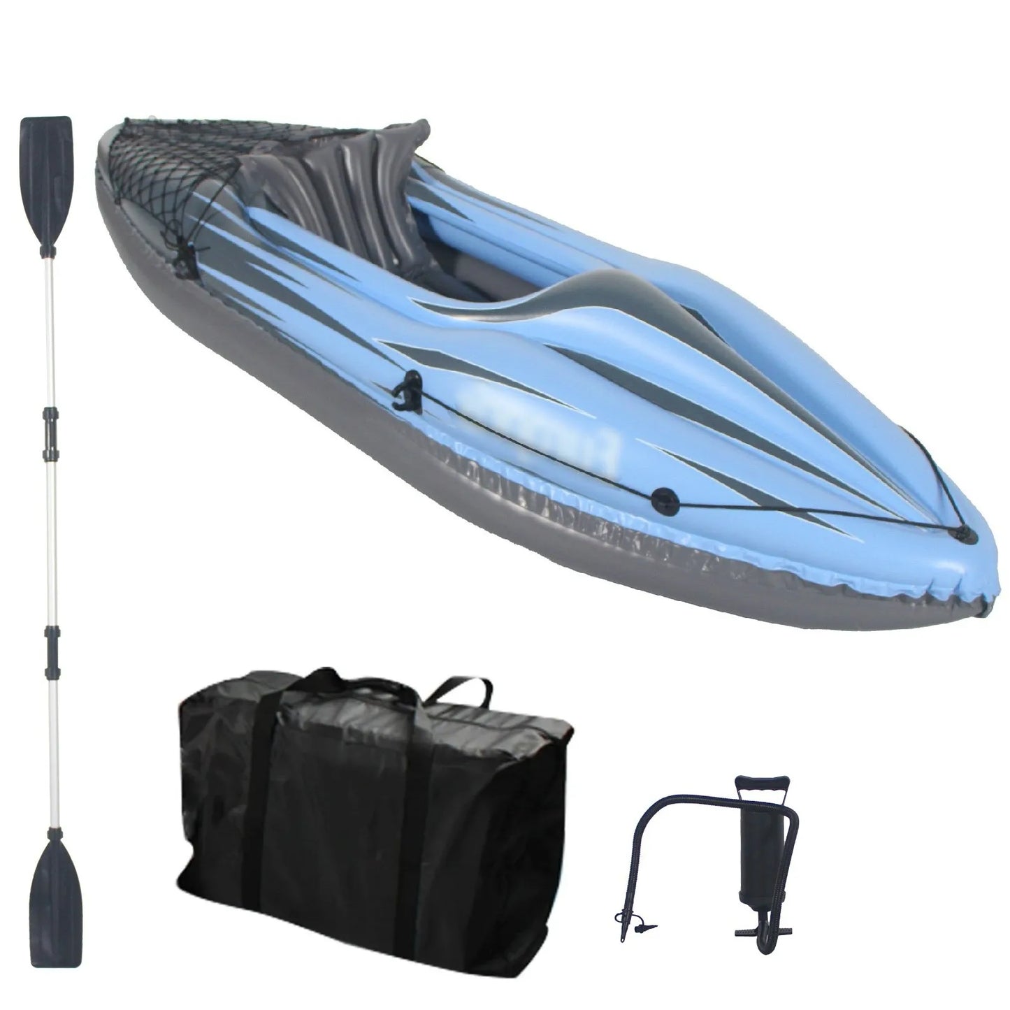 Blue Inflatable One Person Kayak Fishing Paddles Bag Seats High Output Pump Fin