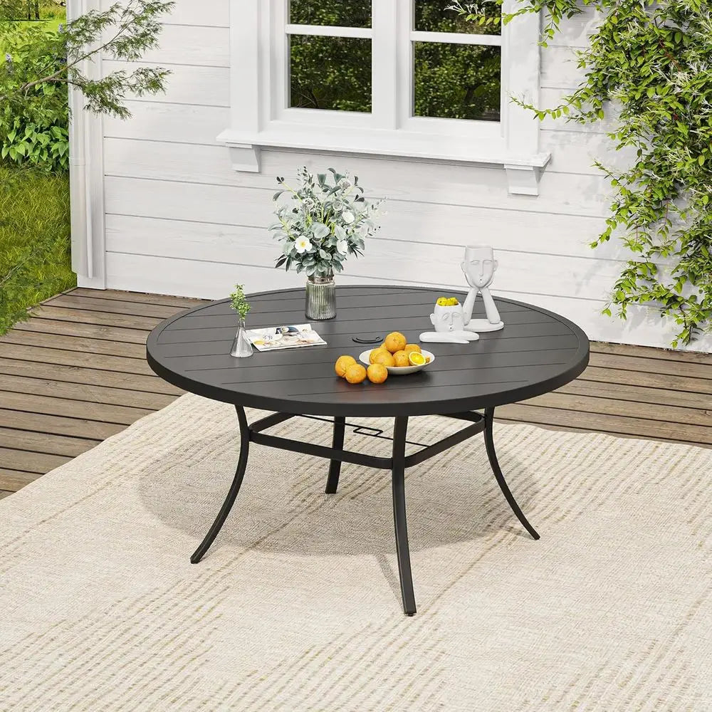 6 Piece Navy Blue Outdoor Swivel Patio Dining Set With 50 Inch Round Black Table