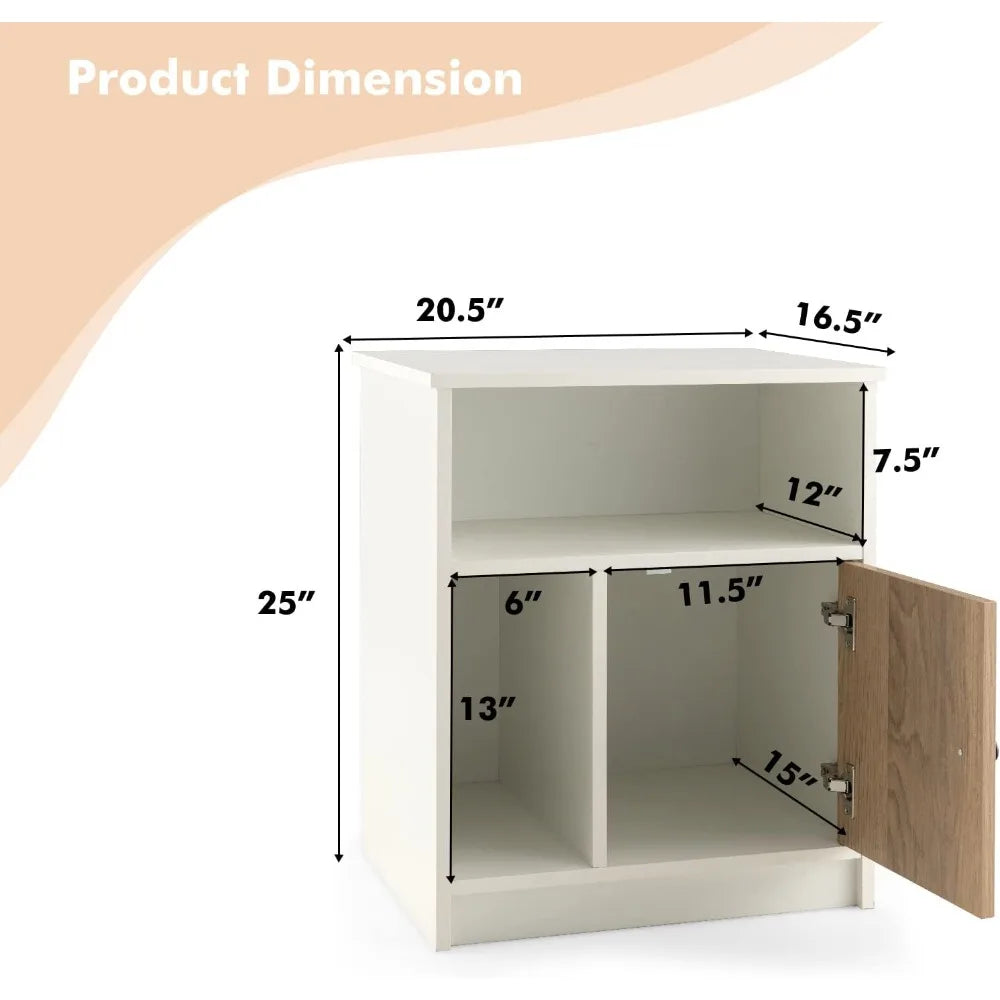 White Nightstands Set of 2 with Door and Open Shelves