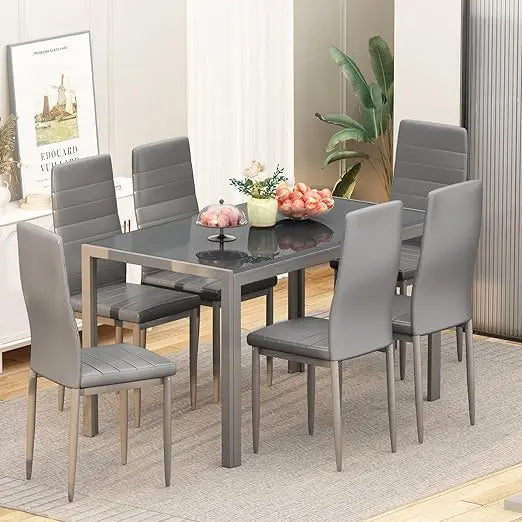7 Piece Set Tempered Glass Table PU Leather Chairs Grey