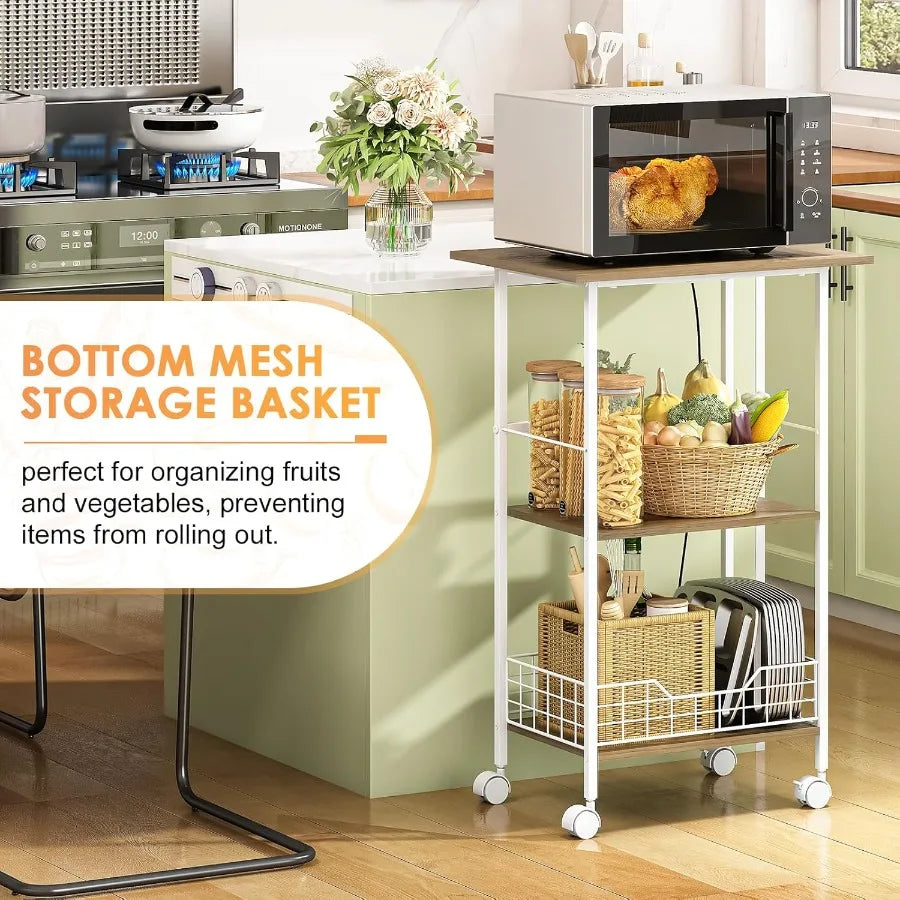 Three Tier Microwave Cart With Storage On Wheels Wood And Metal Kitchen Stand