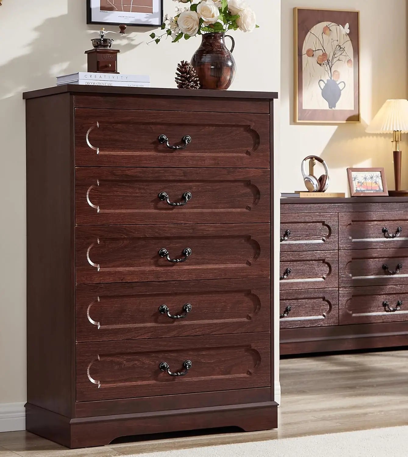 Farmhouse Cherry Wood Chest of Drawers for Bedroom Rustic Wide