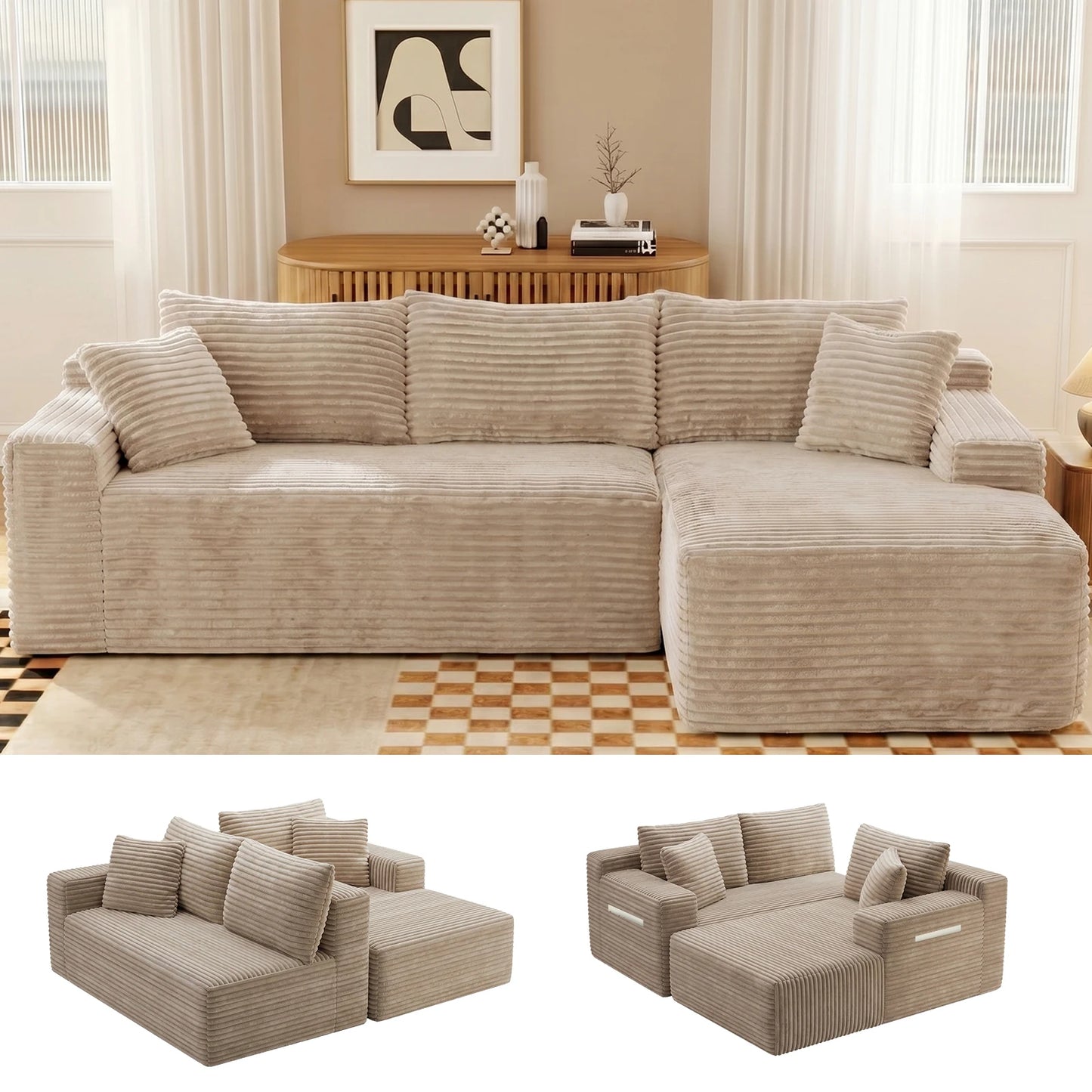 Modern Black Corduroy Modular Sectional Sofa With Deep L Shaped Chaise