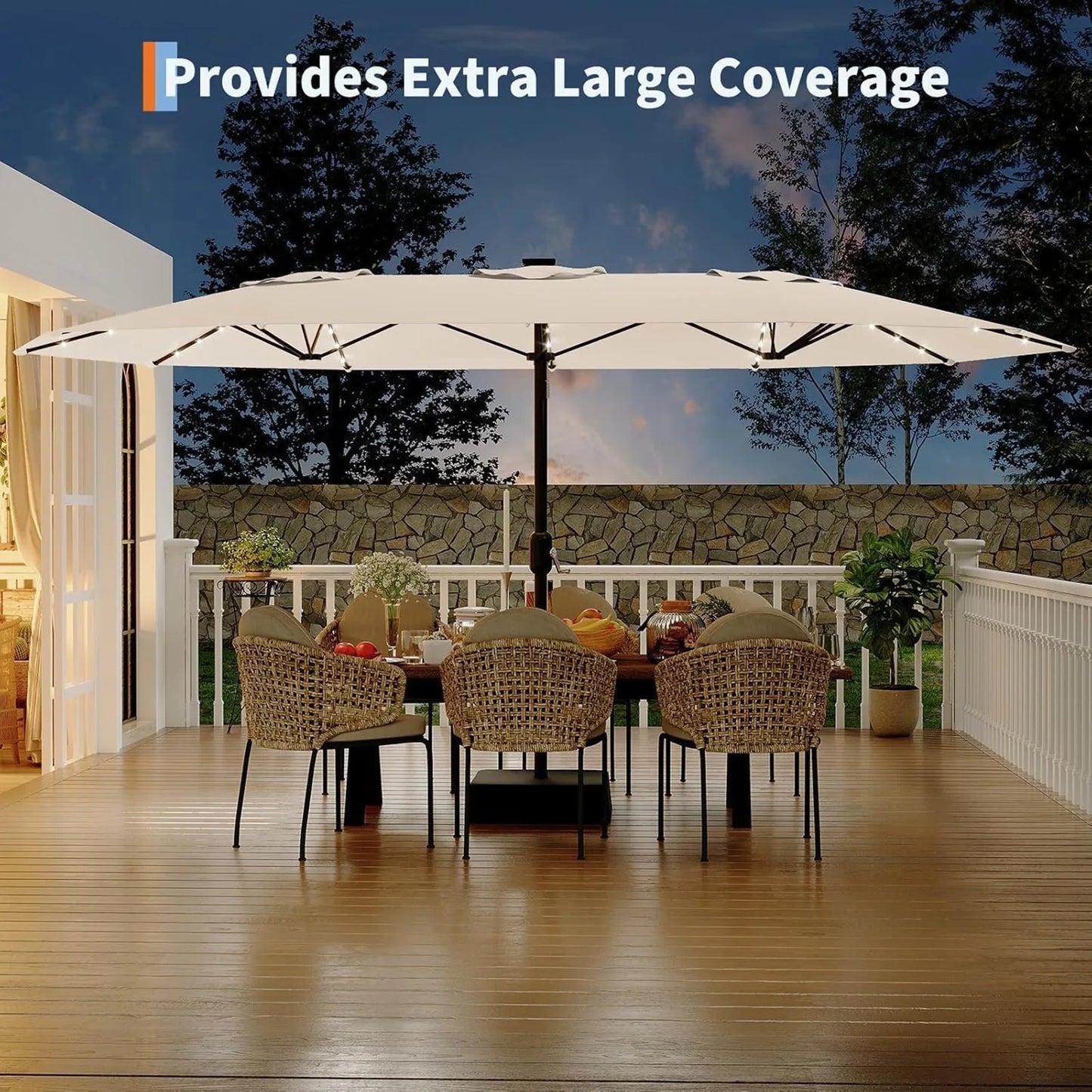 15ft Patio Umbrella With Solar LED Lights Base Included Large Rectangle Shade