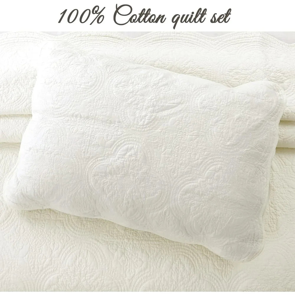 Off White Cotton Matelasse Embossed Quilt Set Reversible Lightweight Bedspread