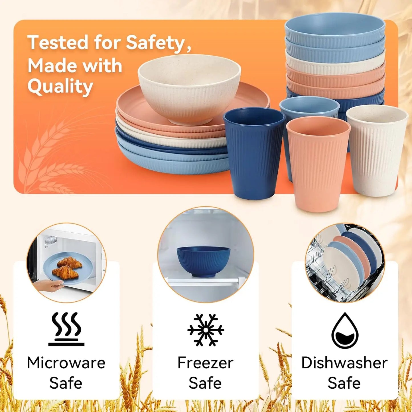 64-Piece Black Wheat Straw Dinnerware Set For 8 Plates Bowls Dishwasher Safe