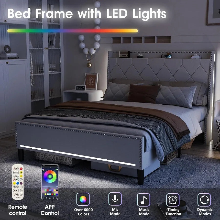 Queen Size Bed Frame With LED Headboard Builtin Charging Station And Storage