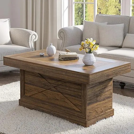 Rustic X-Design Wooden Pedestal Coffee Table for Living Room, Space-Saving Rectangle Home Furniture, Easy Assembly