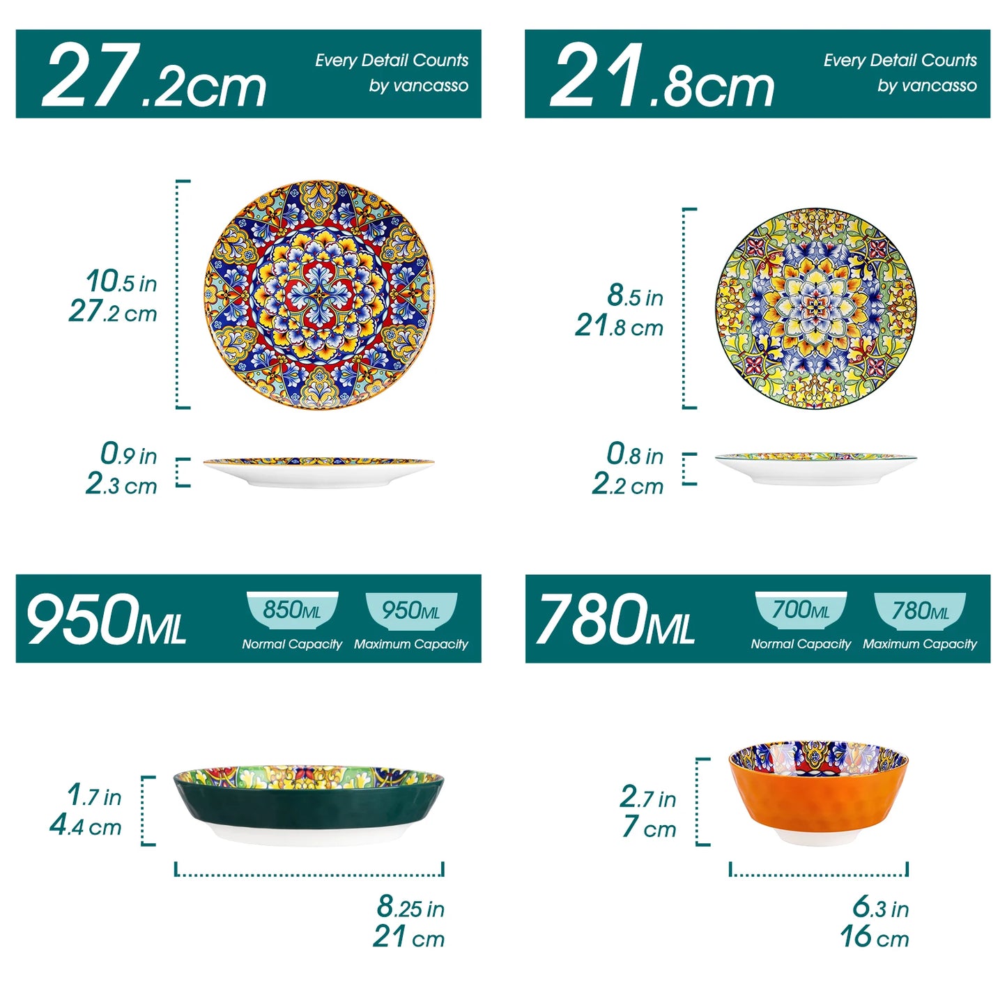 Vancasso Stoneware Dinnerware Set Bohemian Style For 6 Dinner Plates Pasta Bowls