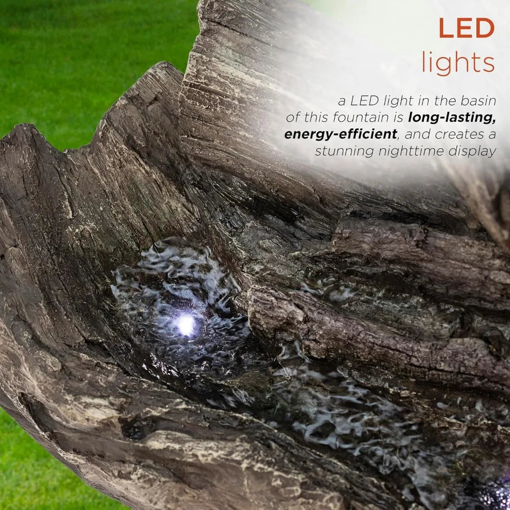 4-inch 2-story Tree Trunk Fountain with LED Lights, Used for Gardens, Courtyards, Rural Waterfalls, and Water Feature Fountains