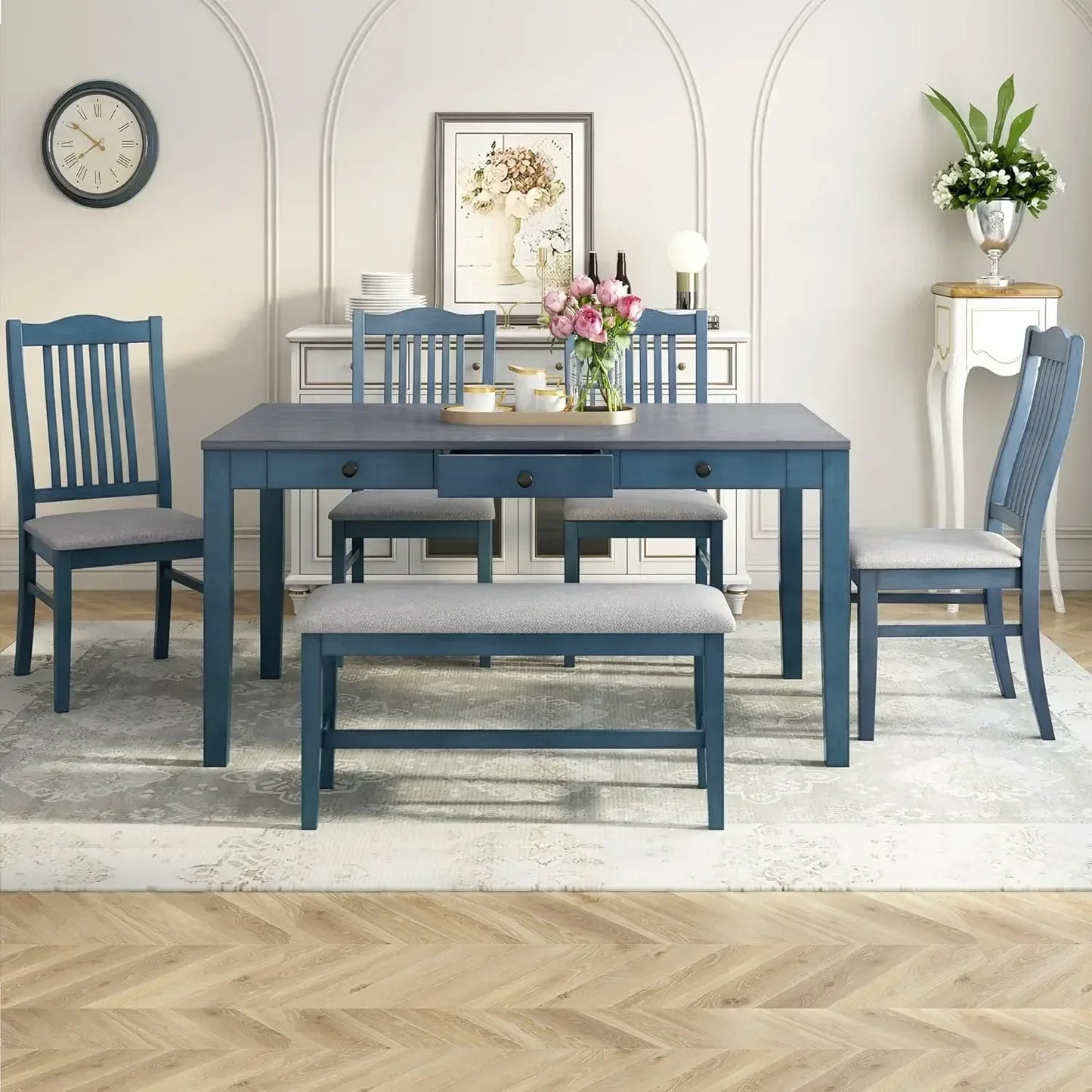 Dining Table Set for 6 with Chairs Blue Farmhouse Style