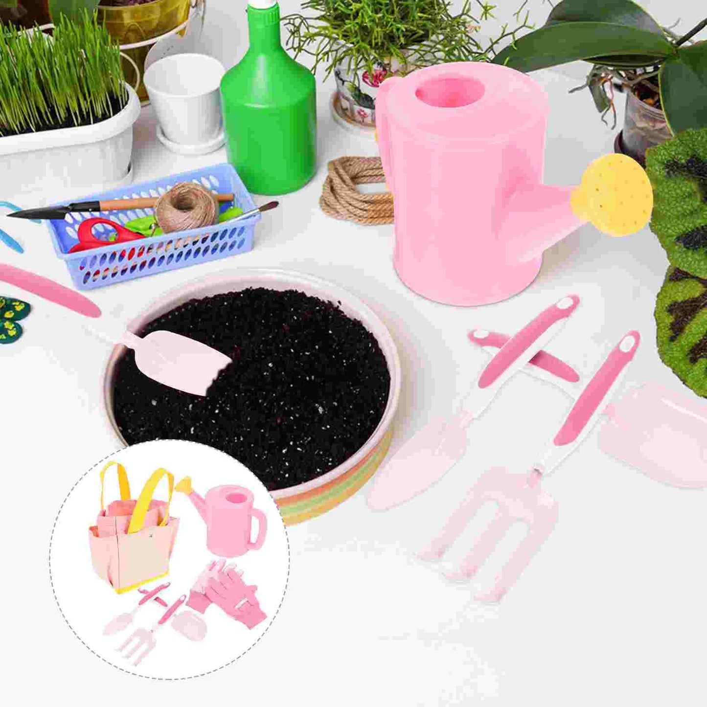 1 set Pink Planting Tools Set Kids Garden Tools Small Shovel Rake Watering Can Storage Basket Child Gardening Set Mini Spade