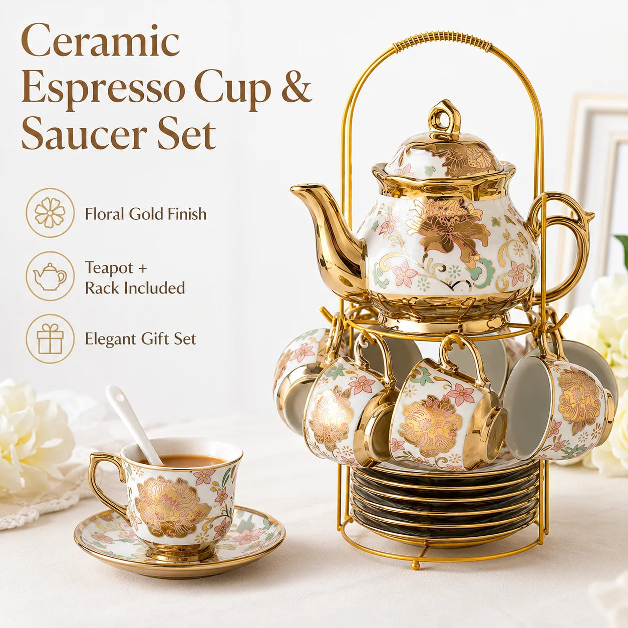 20PCS Ceramic Tea Set with Teapot Espresso Cups Saucers Spoons Display Rack Floral Gold Coffee Service Gift for Wedding Home