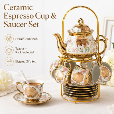 20PCS Ceramic Tea Set with Teapot Espresso Cups Saucers Spoons Display Rack Floral Gold Coffee Service Gift for Wedding Home