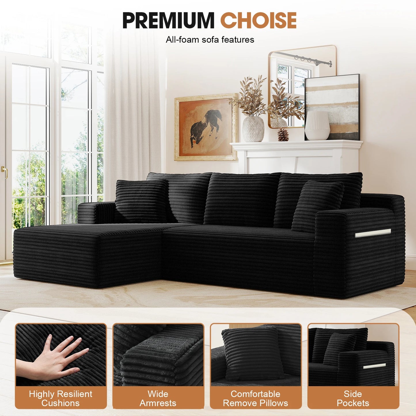 Modern Black Corduroy Modular Sectional Sofa With Deep L Shaped Chaise