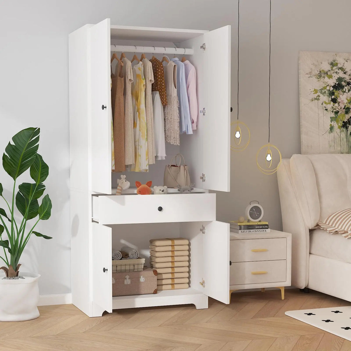 71 Inch Wooden Armoire Wardrobe With Four Doors One Drawer And Shelves