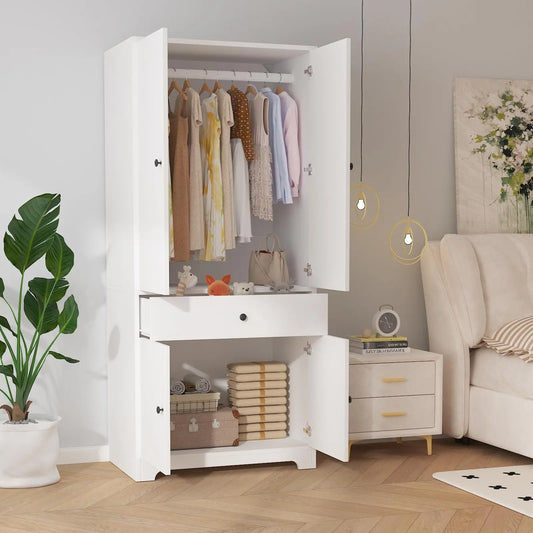 71 Inch Wooden Armoire Wardrobe With Four Doors One Drawer And Shelves