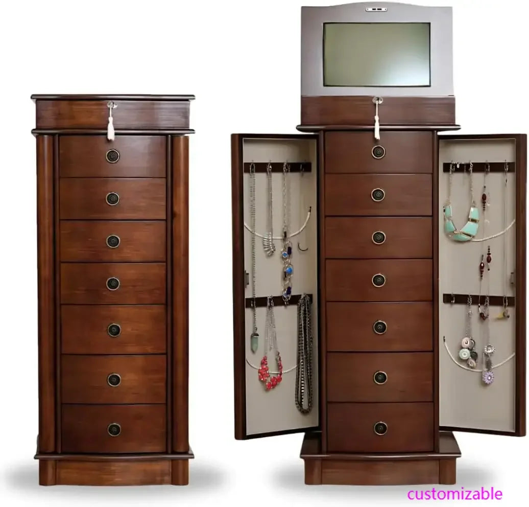Locking Jewelry Storage Organizer with Top Flip Mirror, 7 Drawers, Jewelry Chest Armoire, Jewelry Box for Necklace, Earring