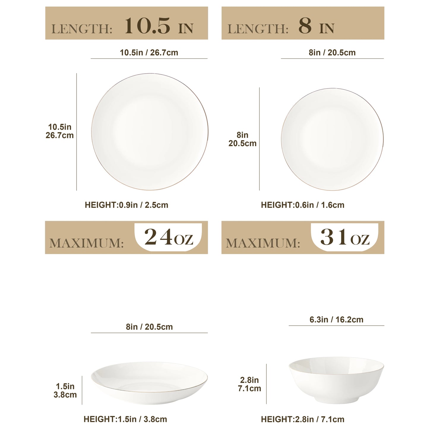 Malacasa Nordic Golden Rim White Bone China Dinnerware Set For 4