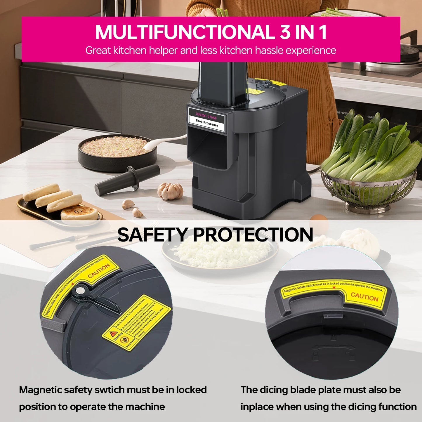 Lecon Chef 3 in 1 Electric Food Processor Vegetable Dicer Chopper Potato Cutter Onion Slicer with 3 Stainless Steel Blades